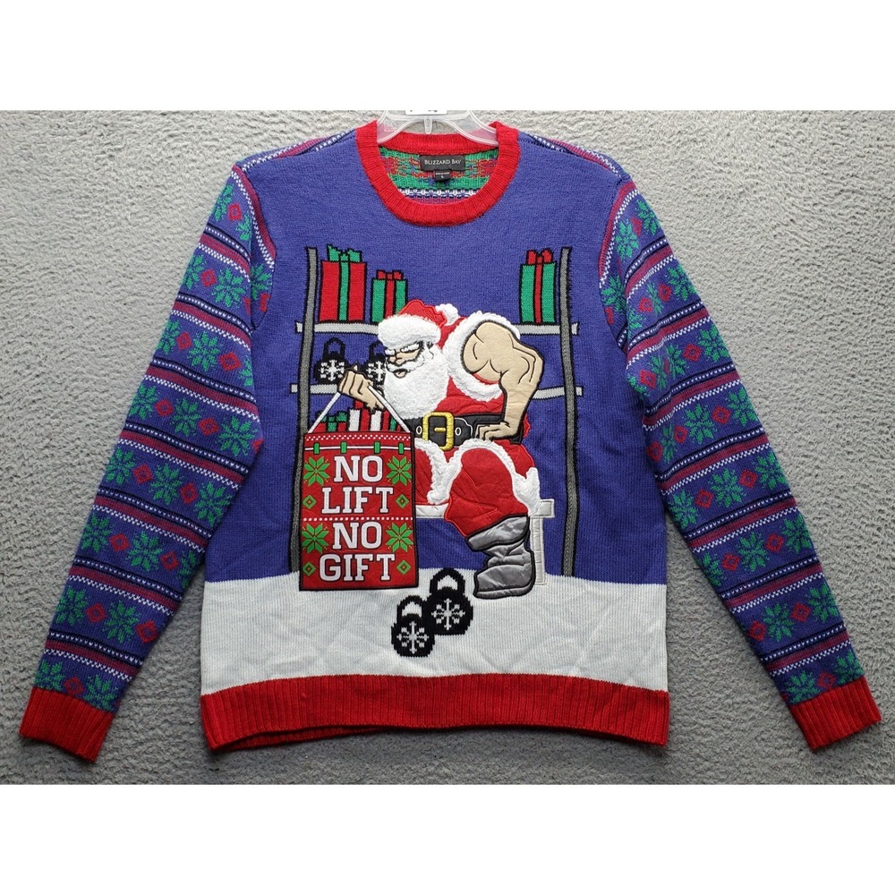 Blizzard Bay Christmas Sweater Mens L Multi Buff Santa No Lift No Gift Graphic